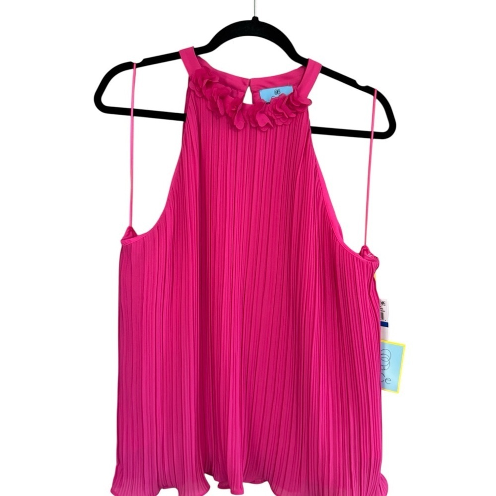NWT CeCe Fuchsia Pink Pleated Floral Halter Ruffle Sleeveless Tank Blouse XL